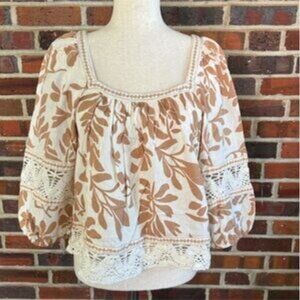 Christian Siriano boho neutrals blouse, Linen blend macrame & bell sleeve Small
